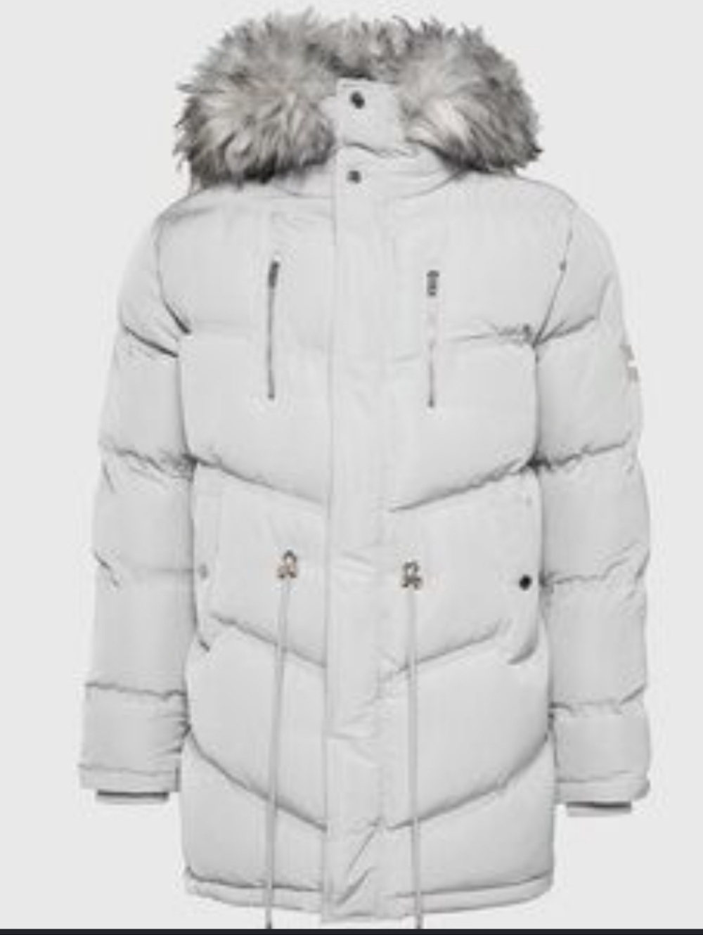 Maniere De Voir Light Gray Longline Oversized Hood Faux Fur Puffer Jacket XS